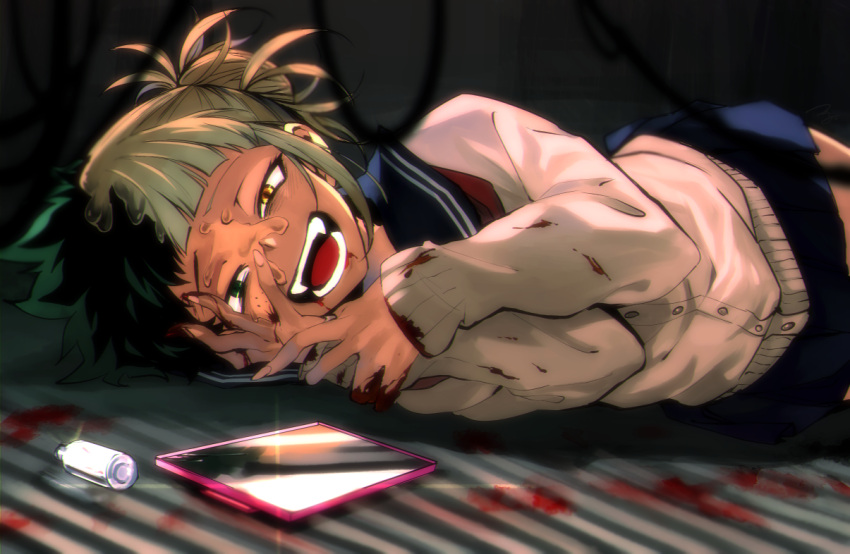 1boy, 1girl, bangs, blonde_hair, blood, blood_on_face, bloody_clothes, blunt_bangs, boku_no_hero_academia, cardigan, crazy_smile, double_bun, fangs, freckles, green_eyes, green_hair, hair_bun, half-closed_eyes, hand_on_own_face, long_sleeves, looking_at_viewer, lying, matsuya_(syohsa), midoriya_izuku, on_side, open_mouth, pleated_skirt, school_uniform, skirt, smile, teeth, toga_himiko, transformation, yandere_trance, yellow_eyes