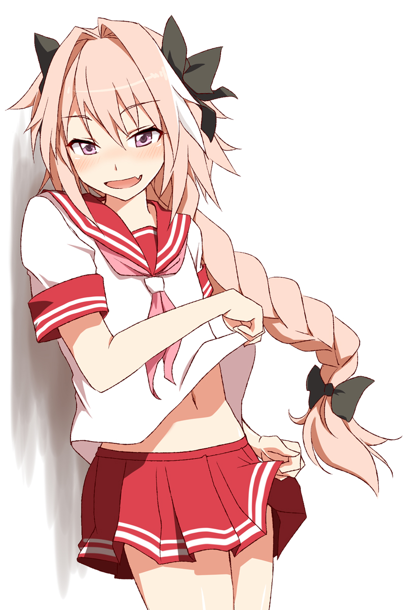 1boy, androgynous, black_bow, blush, bow, braid, fang, fate/apocrypha, fate/grand_order, fate_(series), hair_intakes, hair_ribbon, highres, lolitan, looking_at_viewer, open_mouth, pink_hair, red_sailor_collar, red_skirt, ribbon, rider_of_black, shirt_lift, simple_background, single_braid, skirt, skirt_lift, smile, trap, white_background