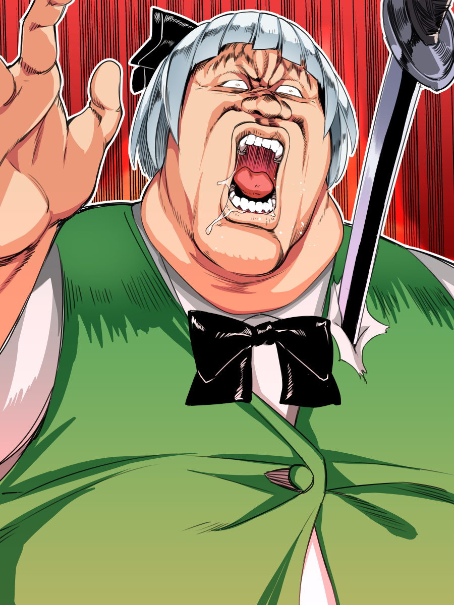 1boy, asutora, black_bow, black_ribbon, bow, buttons, frown, genderswap, genderswap_(ftm), green_vest, grey_hair, hair_bow, highres, hokuto_no_ken, katana, konpaku_youmu, male_focus, mr_heart, open_mouth, pain, parody, red_background, ribbon, saliva, shirt, solo, stabbed, sword, teeth, touhou, vest, weapon, white_shirt, wide-eyed, yellow_eyes