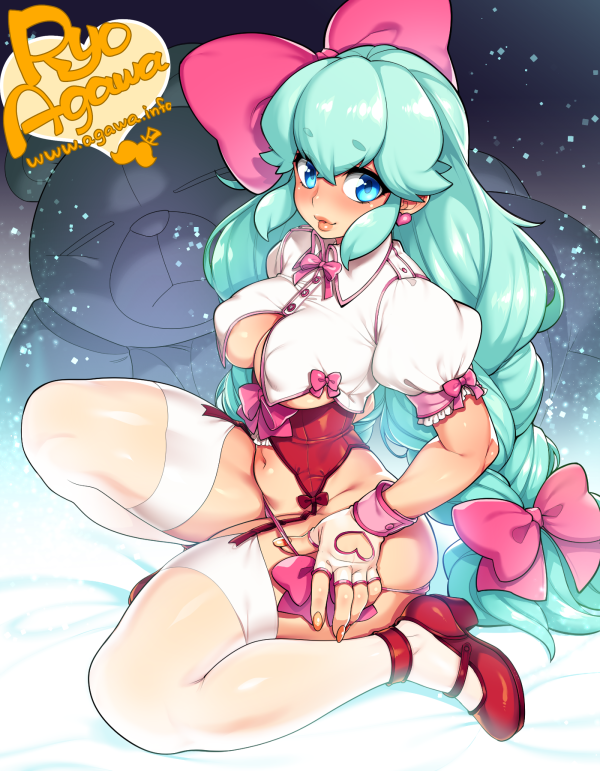 1girl, agawa_ryou, aqua_hair, bear, belly, blue_eyes, bow, breasts