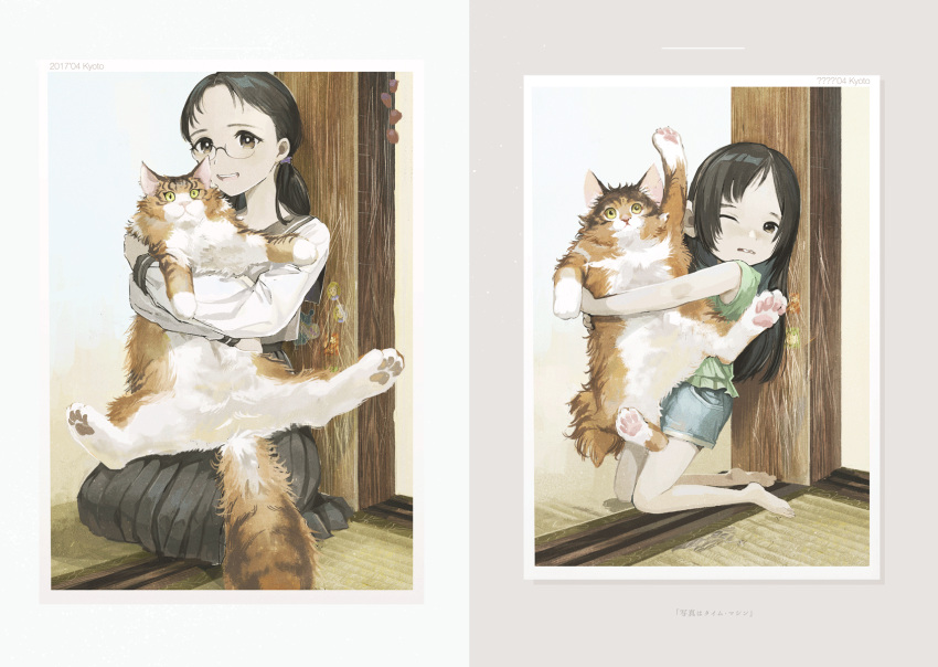 1girl, age_progression, animal, animal_hug, bangs, bare_arms, bare_legs, barefoot