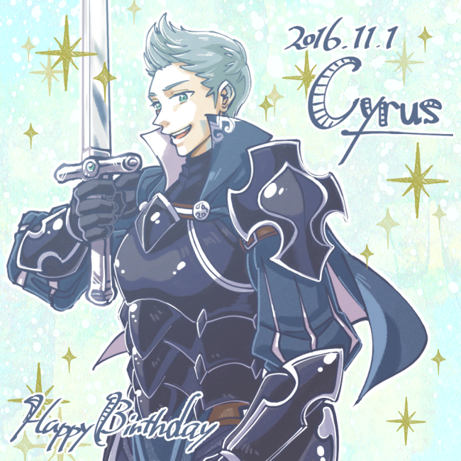 1boy, armor, blue_hair, cape, character_name, dated, fire_emblem, fire_emblem_if, gloves, green_eyes, happy_birthday, male_focus, open_mouth, shirokuro_(0501nk), silas_(fire_emblem_if), sparkle, sword, teeth, upper_body, weapon