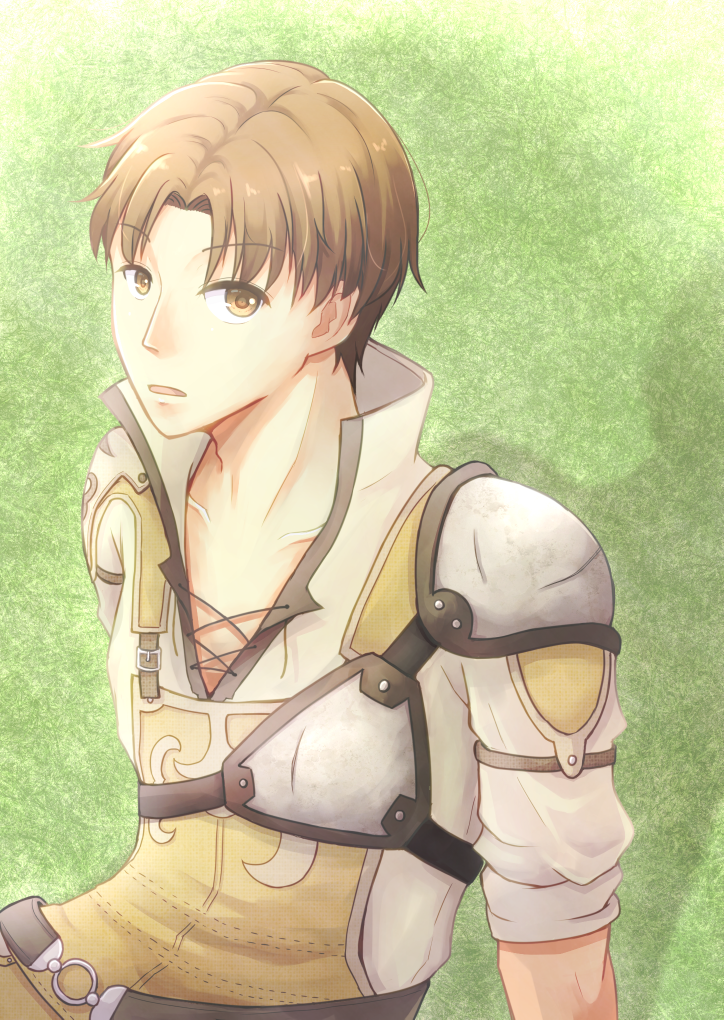 1boy, belt, brown_eyes, brown_hair, fire_emblem, fire_emblem_echoes:_mou_hitori_no_eiyuuou, grass, isakom_fe, male_focus, open_mouth, sitting, solo, tobin_(fire_emblem), upper_body