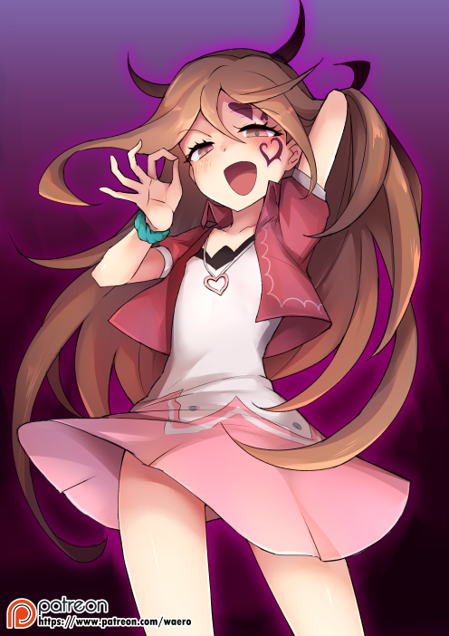 1girl, :d, blush, brown_hair, dress, jacket, jewelry, kagami_dana