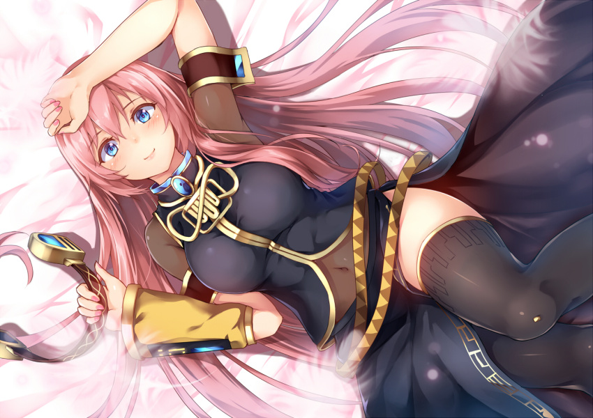 1girl, arm_up, bed_sheet, bit_(keikou_syrup), black_legwear, black_skirt, black_vest, blue_eyes