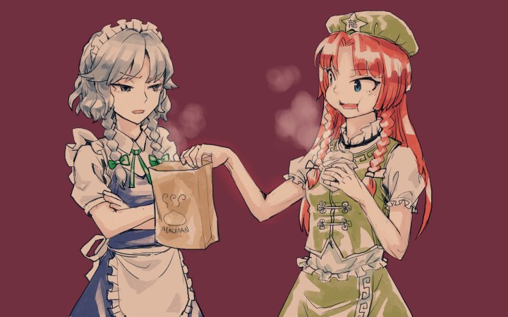 2girls, apron, bag, baozi, blue_eyes, braid, chinese_clothes, crossed_arms