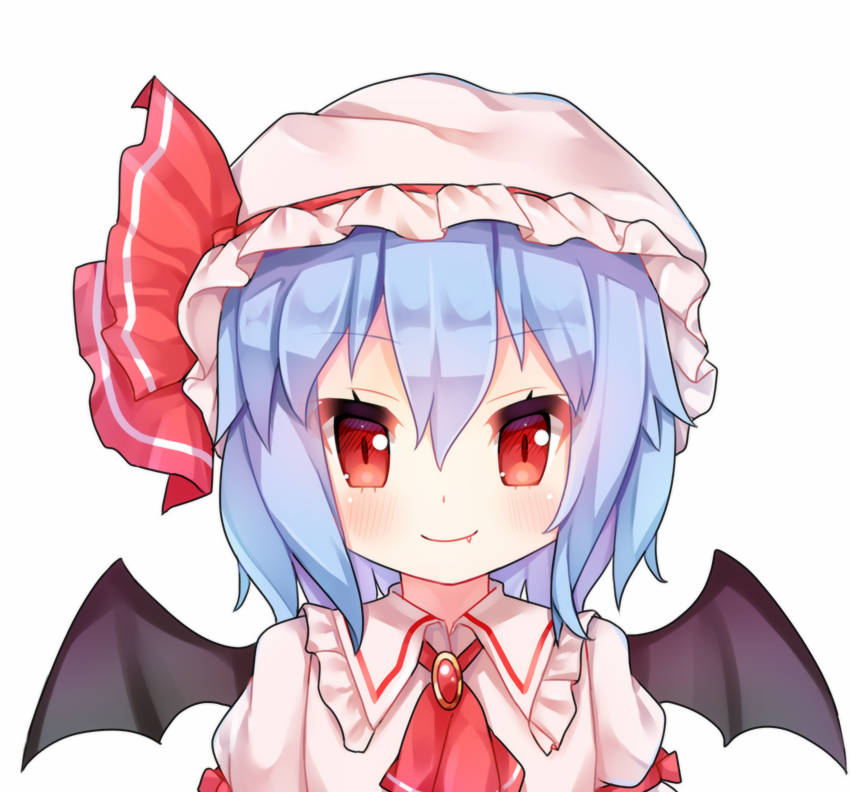 1girl, ascot, bangs, bat_wings, blue_hair, blush, brooch, closed_mouth