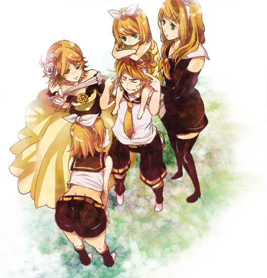 barefoot, blonde_hair, child, dress, green_eyes, hair_ornament, hairclip, kagamine_len