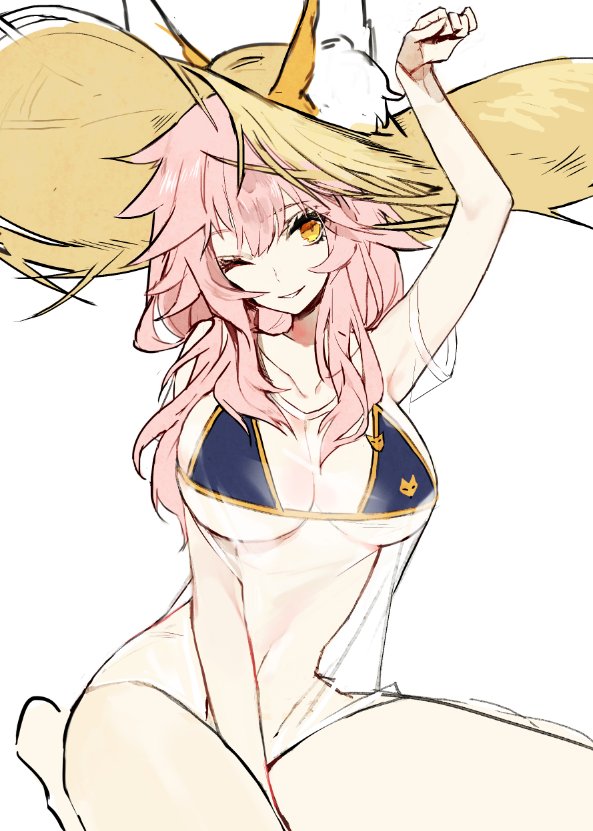 1girl, animal_ears, arm_up, bare_arms, bare_legs, between_legs, bikini, blue_bikini