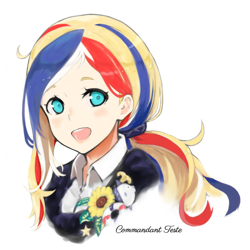 10s, 1girl, alternate_costume, blonde_hair, blue_eyes, blue_hair, blue_jacket, character_name, commandant_teste_(kantai_collection), flower, highres, jacket, jacket_on_shoulders, kantai_collection, long_hair, looking_at_viewer, miyako_(miyako_lplover), multicolored_hair, redhead, simple_background, solo, streaked_hair, sunflower, upper_body, white_background, white_hair