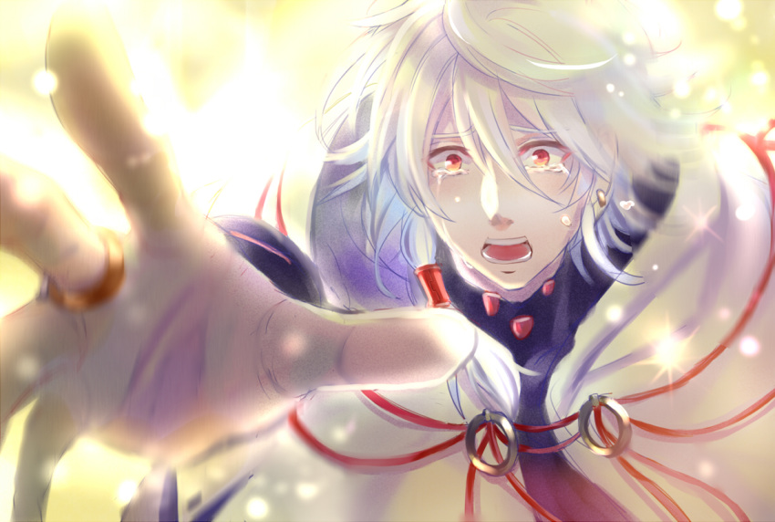 1boy, :o, earrings, hair_tubes, jewelry, long_hair, looking_at_viewer, male_focus, outstretched_hand, red_eyes, seikaisuru_kado, solo, tears, white_hair, yaha-kui_zashunina, yue_0809