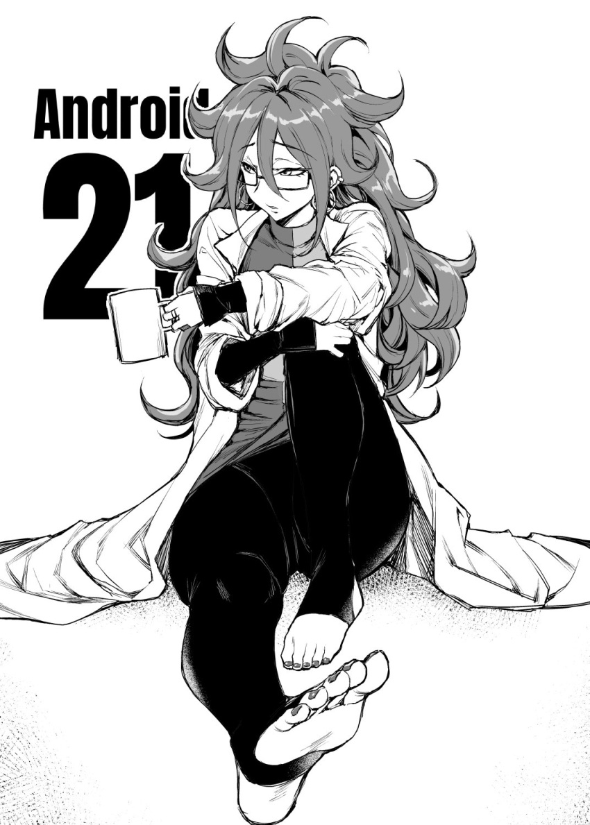 1girl, alternate_legwear, android_21, big_hair, black-framed_eyewear, breasts, character_name, cup