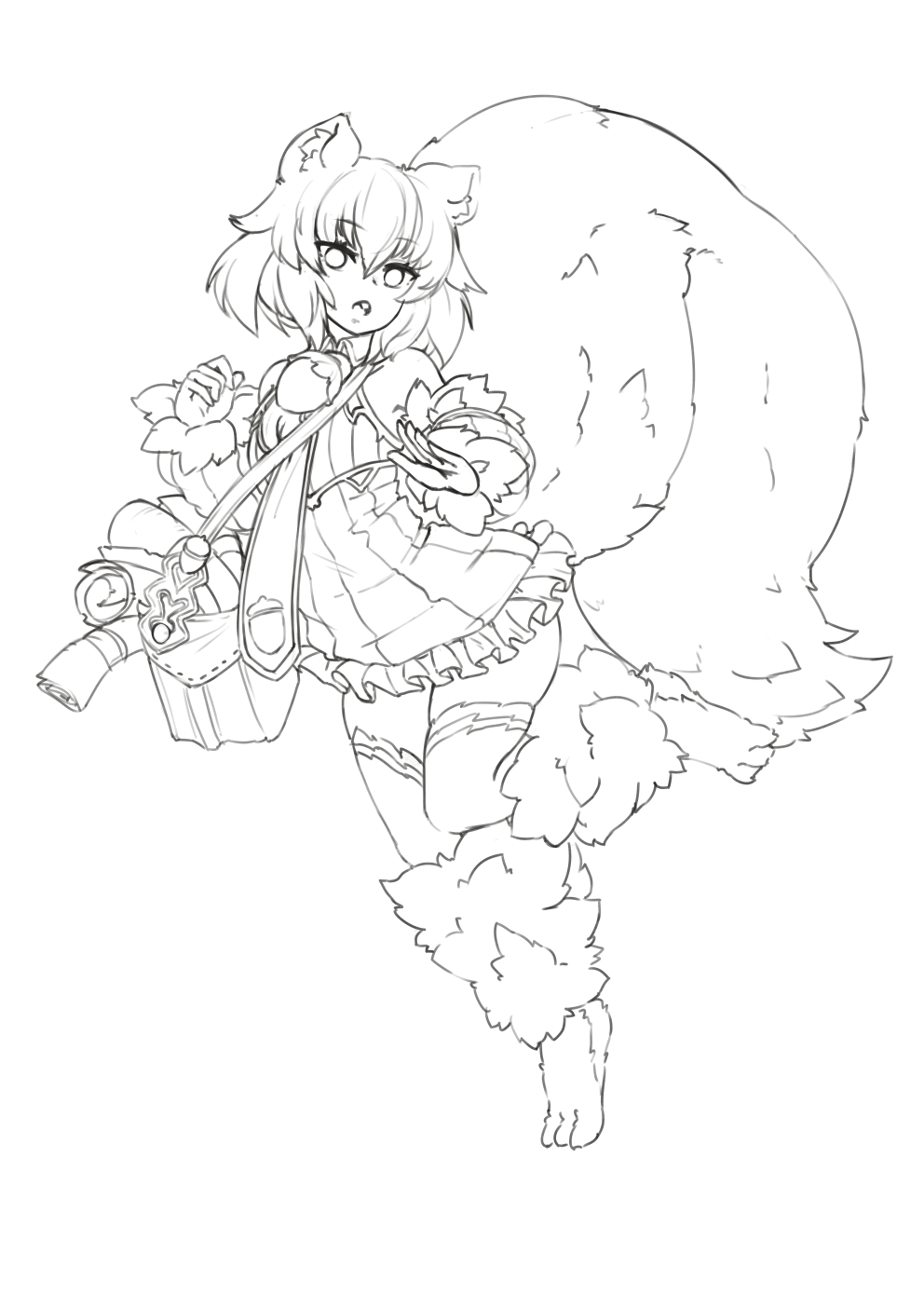 1girl, animal_ears, bag, barbariank, bare_shoulders, compass, detached_sleeves, dress