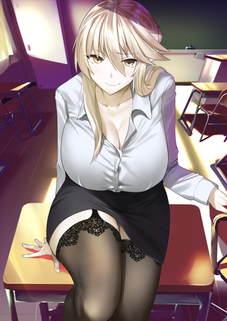 1girl, artoria_pendragon_(all), artoria_pendragon_(lancer_alter), bangs, black_legwear, black_skirt, blonde_hair, blue_shirt, blush, breasts, chair, chalkboard, classroom, cleavage, closed_mouth, collarbone, day, desk, eyebrows_visible_through_hair, fate/grand_order, fate_(series), garter_straps, hair_between_eyes, huge_breasts, indoors, lace-trimmed_thighhighs, legs, locker, long_hair, long_sleeves, mu-nyako, on_table, pencil_skirt, school_desk, shirt, sitting, skirt, smile, solo, sunlight, table, thigh-highs, thigh_gap, thighs, wooden_floor, yellow_eyes, zettai_ryouiki