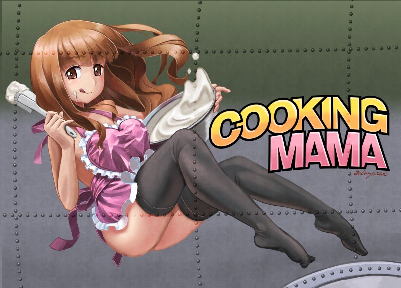 1girl, :q, abazu-red, apron, bangs, batter, black_legwear, blunt_bangs