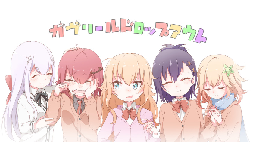 5girls, :3, ahoge, bafarin, bat_hair_ornament, blonde_hair, blue_eyes, blue_scarf
