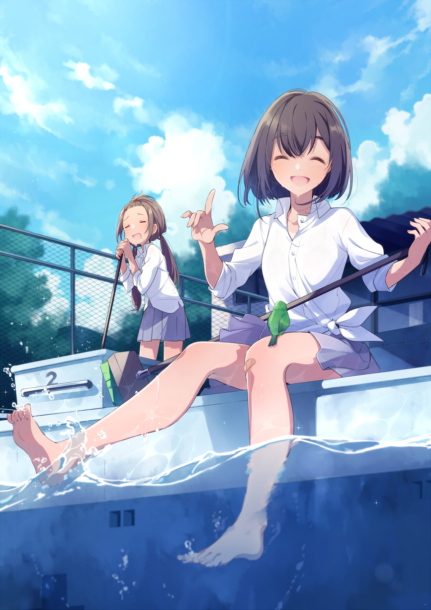 2girls, :d, ^, animal, bandaid, bandaid_on_knee, bangs, bare_legs