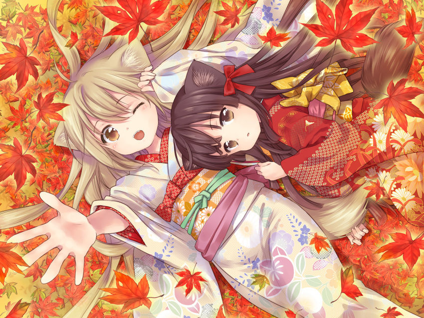 2girls, :o, ;o, ahoge, amano_sakuya, animal_ears, autumn_leaves, bangs