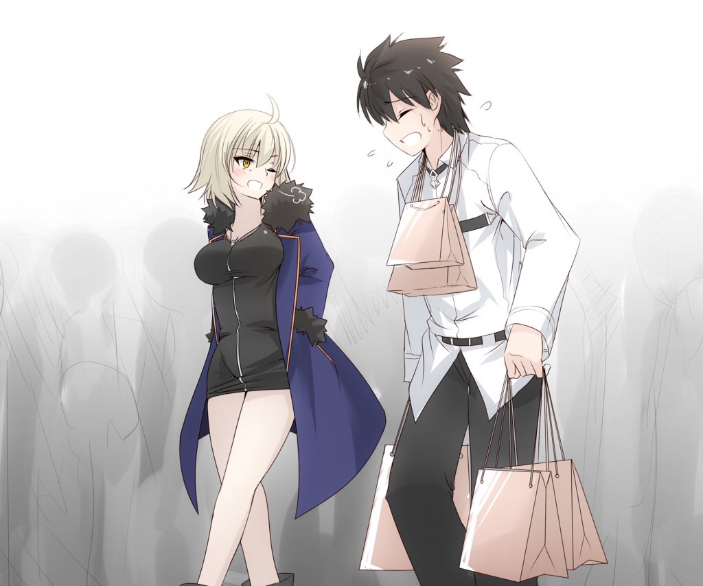 1boy, 1girl, =3, ahoge, black_hair, blonde_hair, blush, breasts