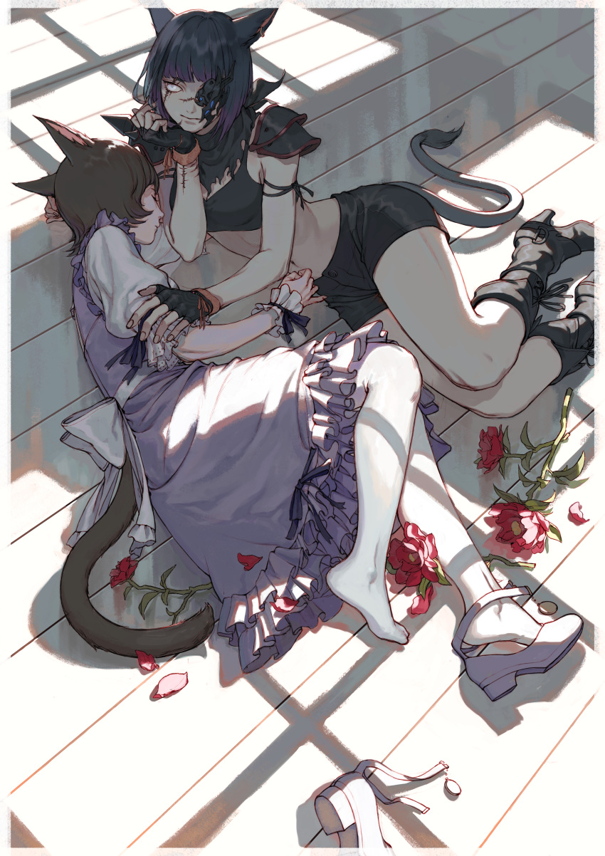 2girls, absurdres, animal_ears, bandanna, bangs, black_footwear, black_gloves, black_hair