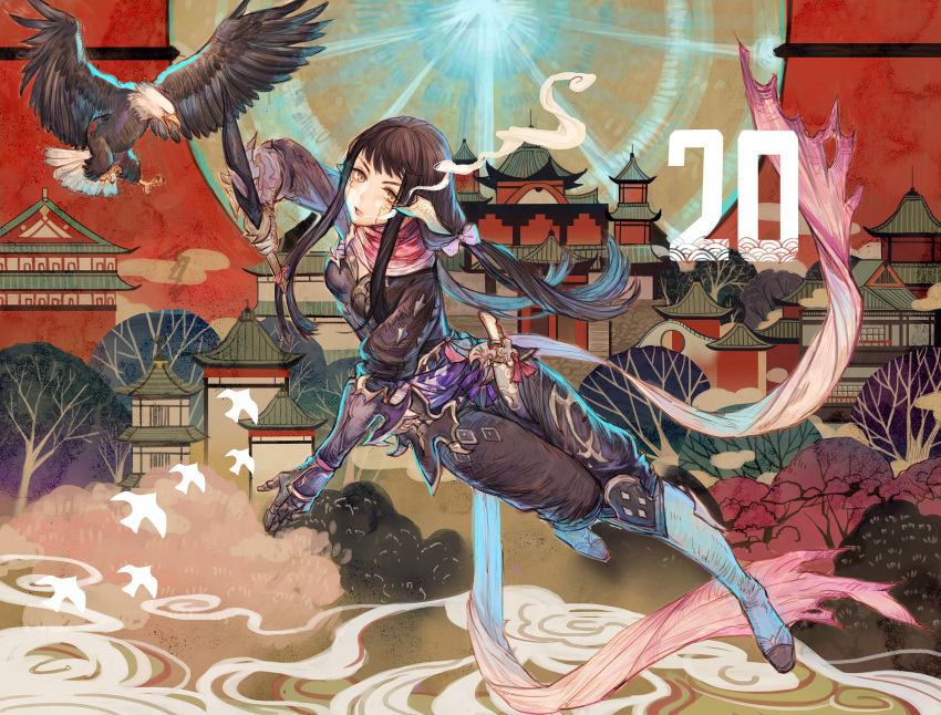 1girl, architecture, au_ra, bangs, bird, black_hair, black_pants, black_shirt