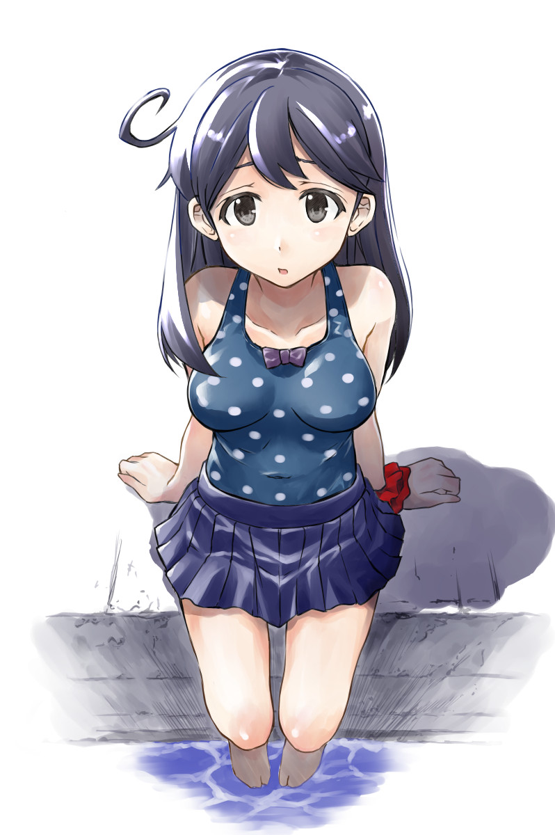 10s, 1girl, akito_(pixiv3623507), black_hair, blue_skirt, blue_swimsuit, breasts, from_above