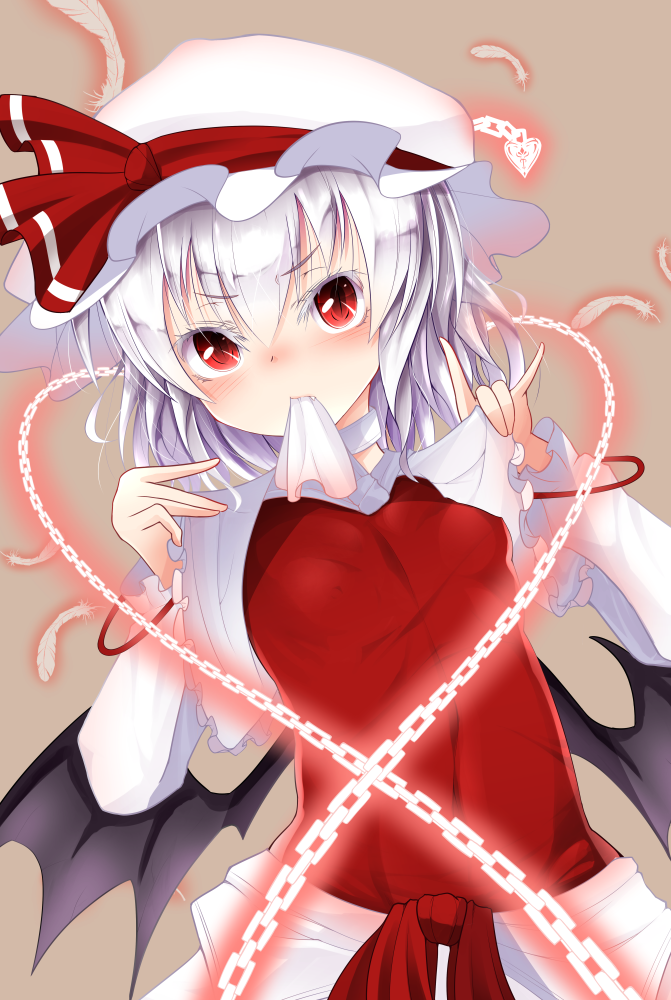 1girl, \m/, bat_wings, blush, breasts, brown_background, chains, doburoku_(daiginjou)