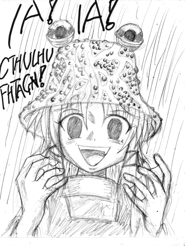 cthulhu, empty_eyes, hat, lovecraft, mizunagi_kry, monochrome, moriya_suwako, parody, pyonta, touhou