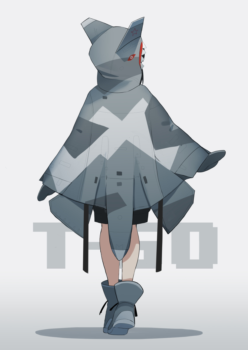 1girl, absurdres, back, boots, camouflage, character_name, cloak, commentary_request