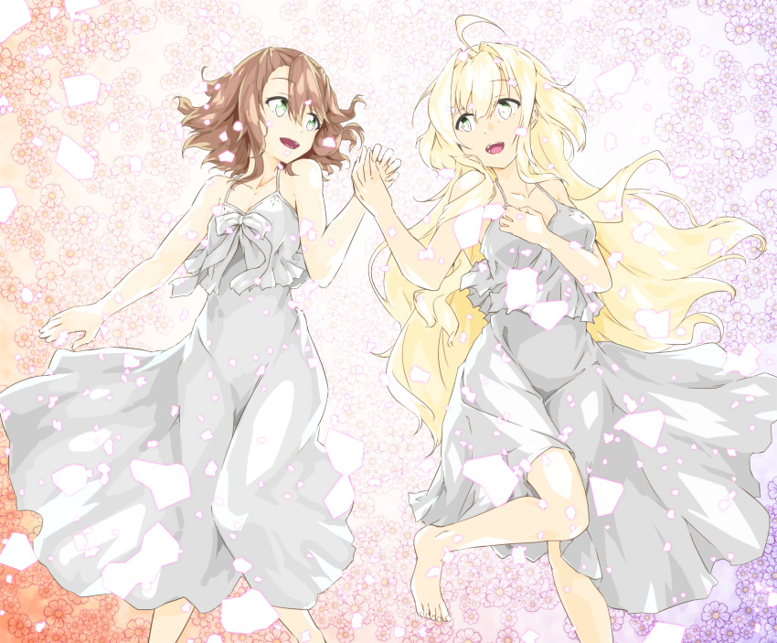 2girls, :d, ahoge, asymmetrical_bangs, bangs, barefoot, blonde_hair, blush