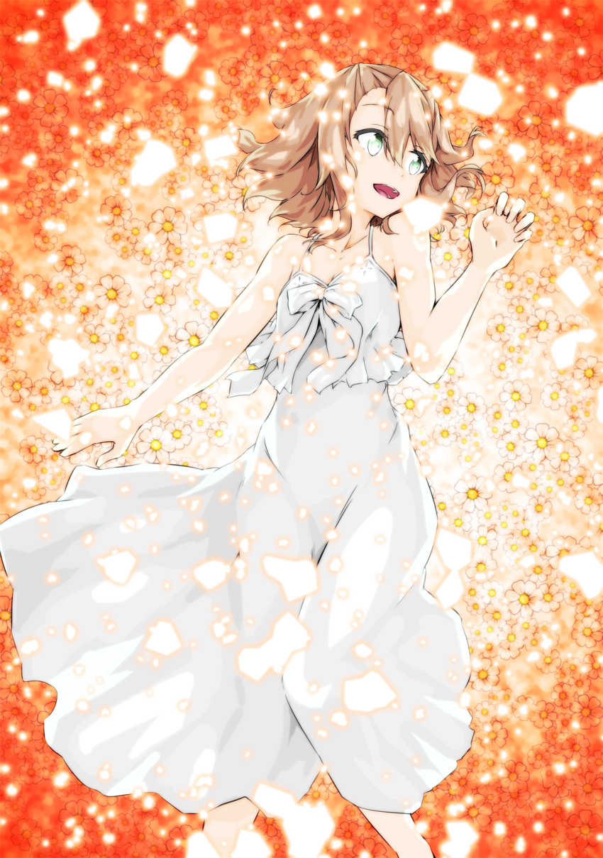 1girl, :d, asymmetrical_bangs, bangs, blush, brown_hair, collarbone, commentary_request