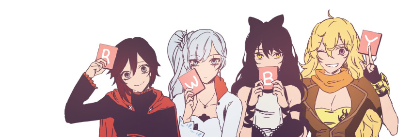 4girls, ahoge, alphabet, black_hair, blake_belladonna, blonde_hair, blue_eyes, breasts