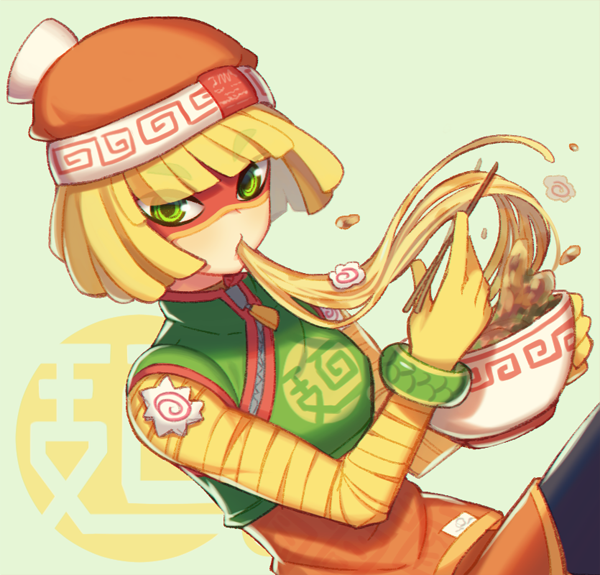 1girl, arms_(game), bangs, beanie, blonde_hair, chinese_clothes, chopsticks, domino_mask
