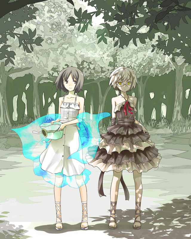 ankle_lace-up, black_eyes, black_hair, cross-laced_footwear, dress, drills, flat_chest, forest