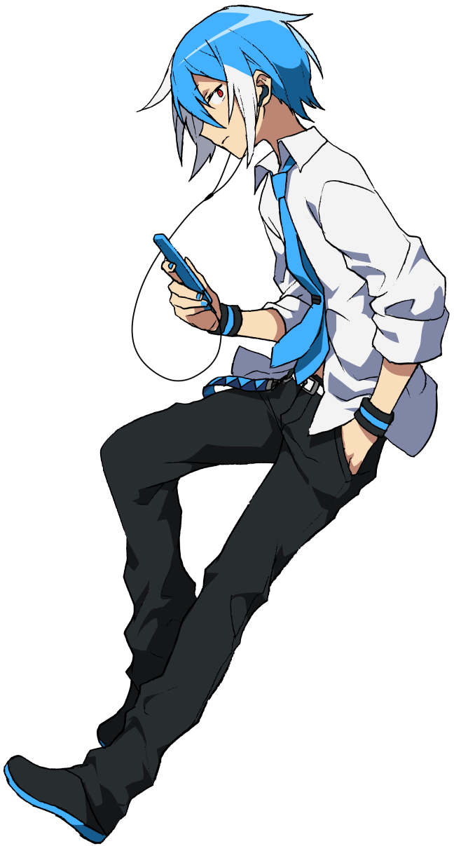 1boy, belt, blue_hair, blue_nails, cellphone, earphones, expressionless, full_body, hand_in_pocket, highres, looking_at_viewer, male_focus, matsuda_toki, matsudappoiyo, nail_polish, necktie, official_art, pants, phone, short_hair, smartphone, solo, transparent_background, utau, wristband