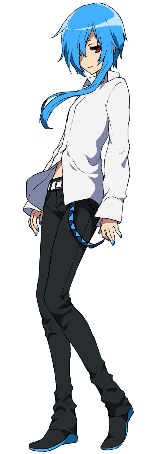 1girl, blue_hair, blue_nails, full_body, highres, matsuda_toki, matsudappoine, midriff_peek, nail_polish, official_art, pants, red_eyes, short_hair_with_long_locks, smile, solo, transparent_background, utau