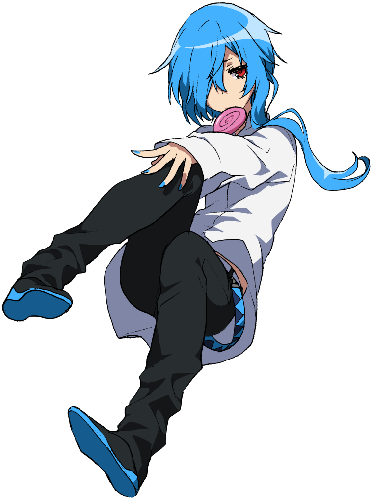 1girl, blue_hair, blue_nails, candy, floating, food, full_body, hair_over_one_eye, lollipop, matsuda_toki, matsudappoine, nail_polish, official_art, pants, red_eyes, short_hair_with_long_locks, solo, transparent_background, utau