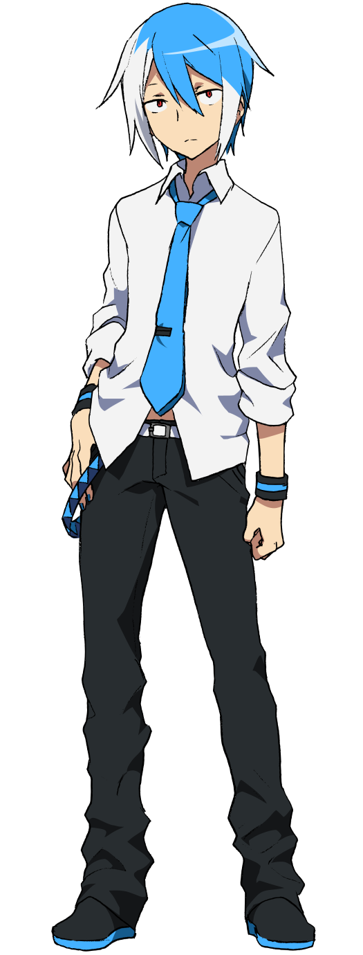 1boy, belt, blue_hair, blue_nails, blue_neckwear, expressionless, full_body, hand_on_hip