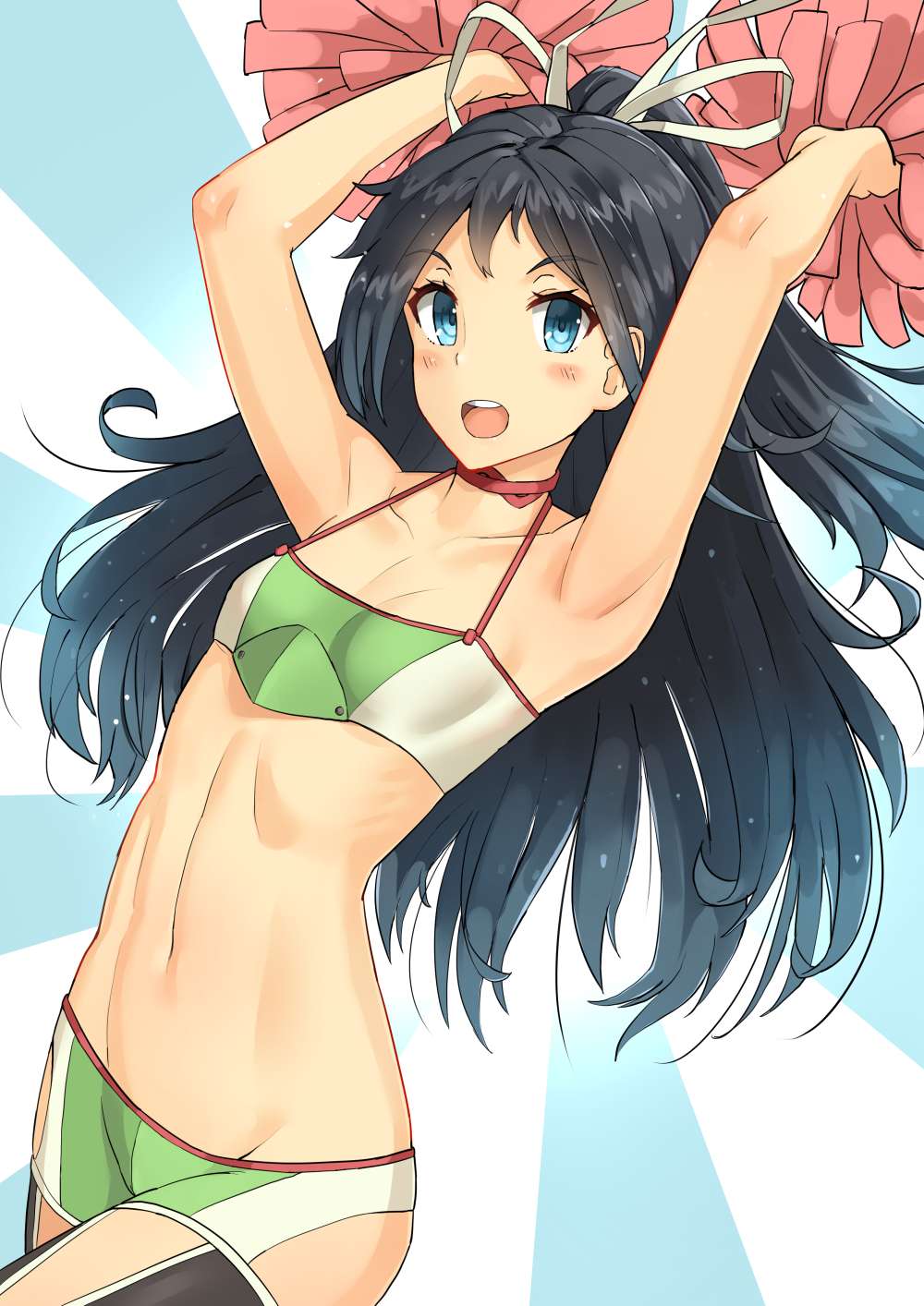 10s, 1girl, :d, armpits, bangs, bare_arms, bare_shoulders, black_hair