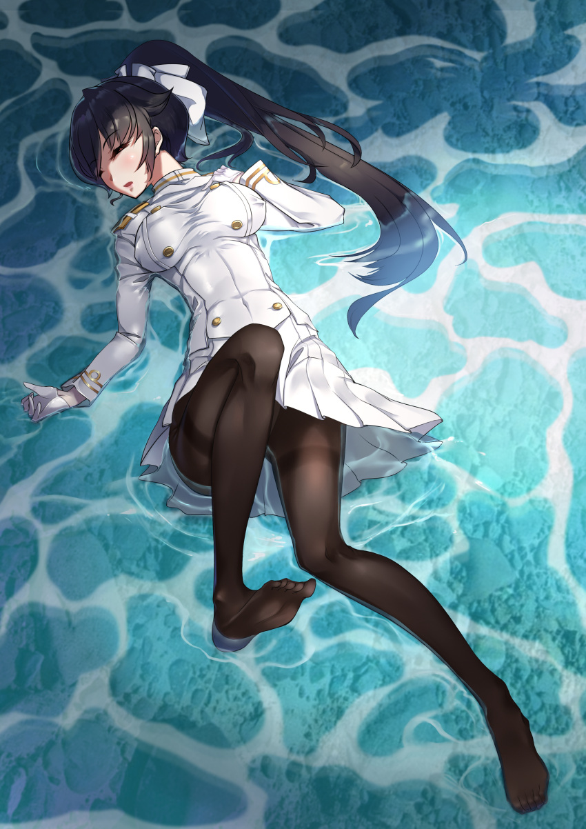 1girl, absurdres, azur_lane, black_hair, black_legwear, bow, breasts, closed_eyes