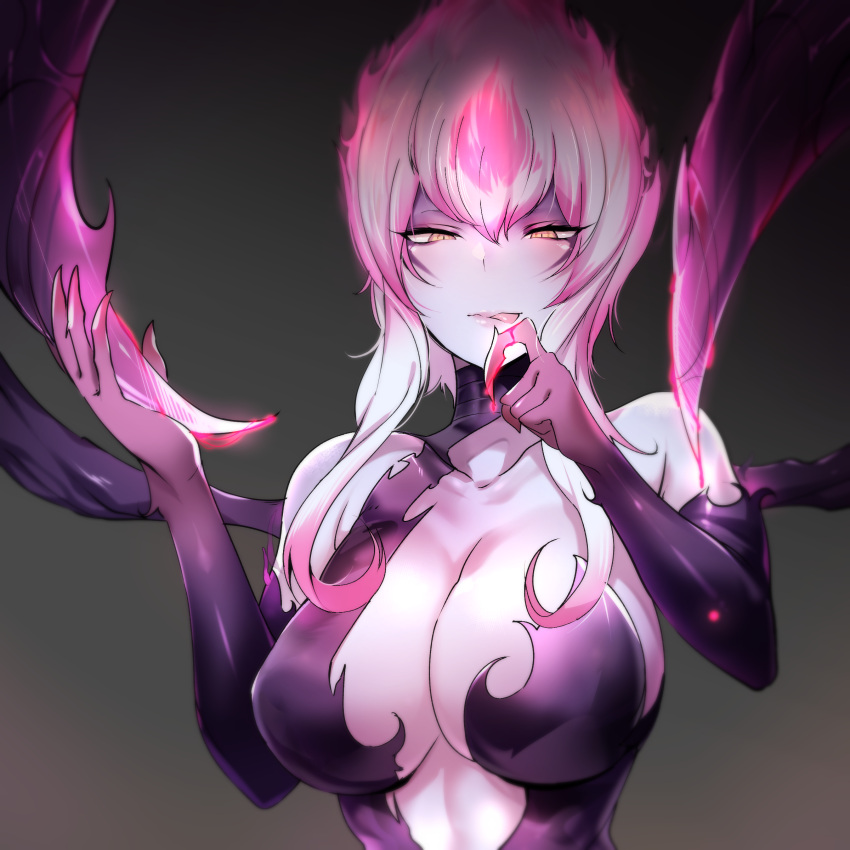 1girl, :p, absurdres, bare_shoulders, black_background, blood, blush, breasts
