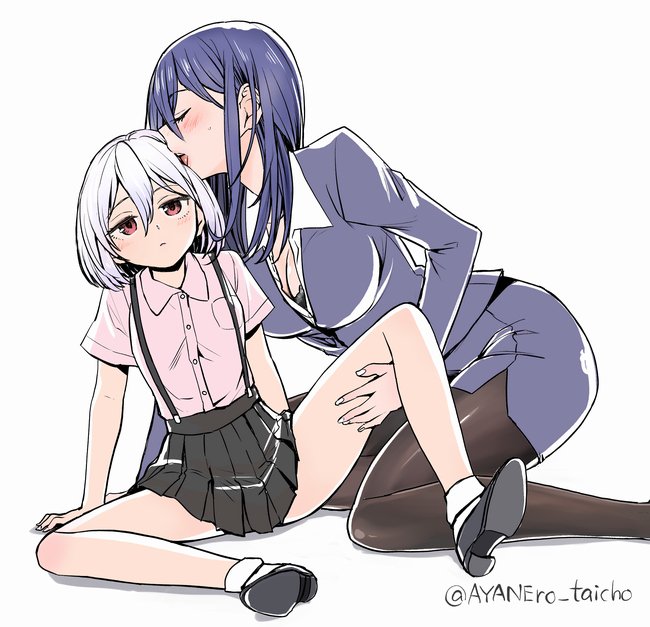 2girls, age_difference, ayanero_taicho, bangs, blue_hair, blush, breasts, cleavage, closed_eyes, commentary_request, eyebrows_visible_through_hair, hair_between_eyes, large_breasts, licking, multiple_girls, office_lady, open_mouth, original, pantyhose, pink_shirt, red_eyes, shirt, short_hair, simple_background, skirt, spread_legs, suspenders, twitter_username, white_background, white_hair, yuri