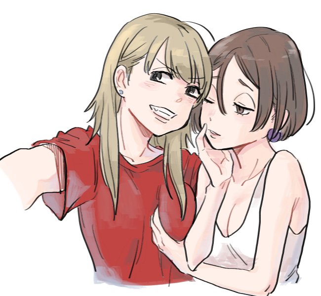 2girls, bangs, black_eyes, blonde_hair, blush, breast_grab, breasts, brown_eyes, brown_hair, cleavage, commentary_request, earrings, eyebrows_visible_through_hair, grabbing, hair_between_eyes, jewelry, kamui87, lips, multiple_girls, original, red_shirt, self_shot, shirt, short_hair, simple_background, tank_top, teeth, white_background, white_tank_top, yuri