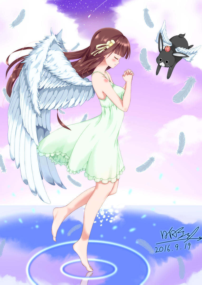 1girl, angel_wings, animal, anko_(gochiusa), bangs, bare_shoulders, barefoot, blunt_bangs