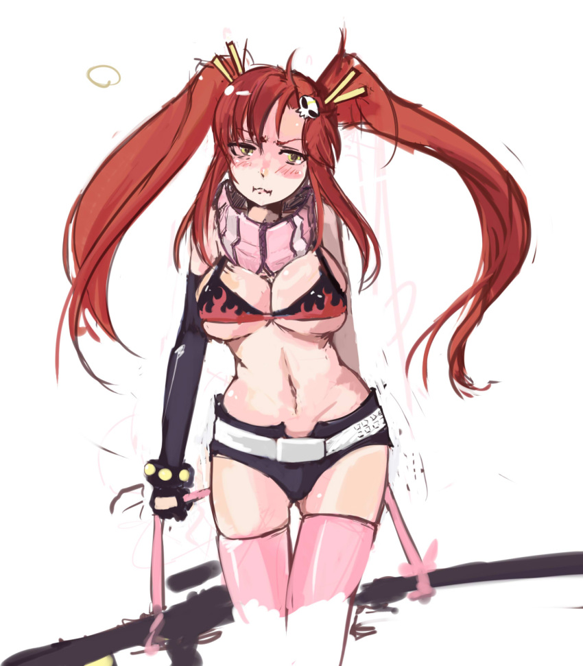 1girl, anti-materiel_rifle, bikini_top, breasts, elbow_gloves, gloves, gun, hair_ornament