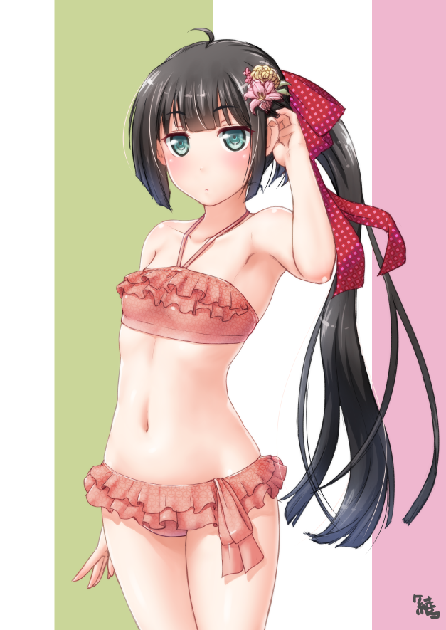 1girl, ayama_yuiya, bangs, bikini, black_hair, blue_eyes, blunt_bangs, blush