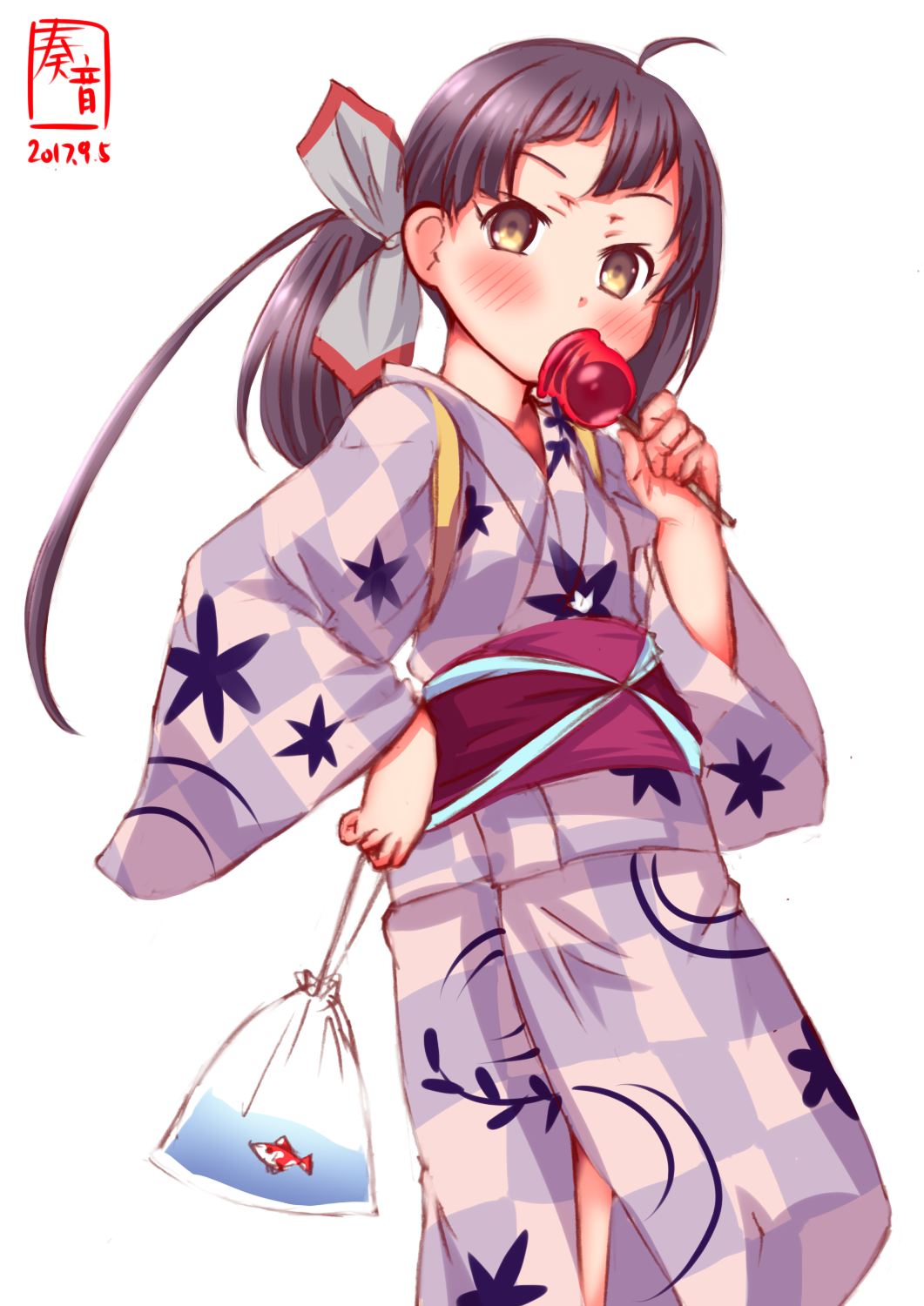 10s, 1girl, 2017, ahoge, black_hair, candy_apple, checkered, checkered_kimono
