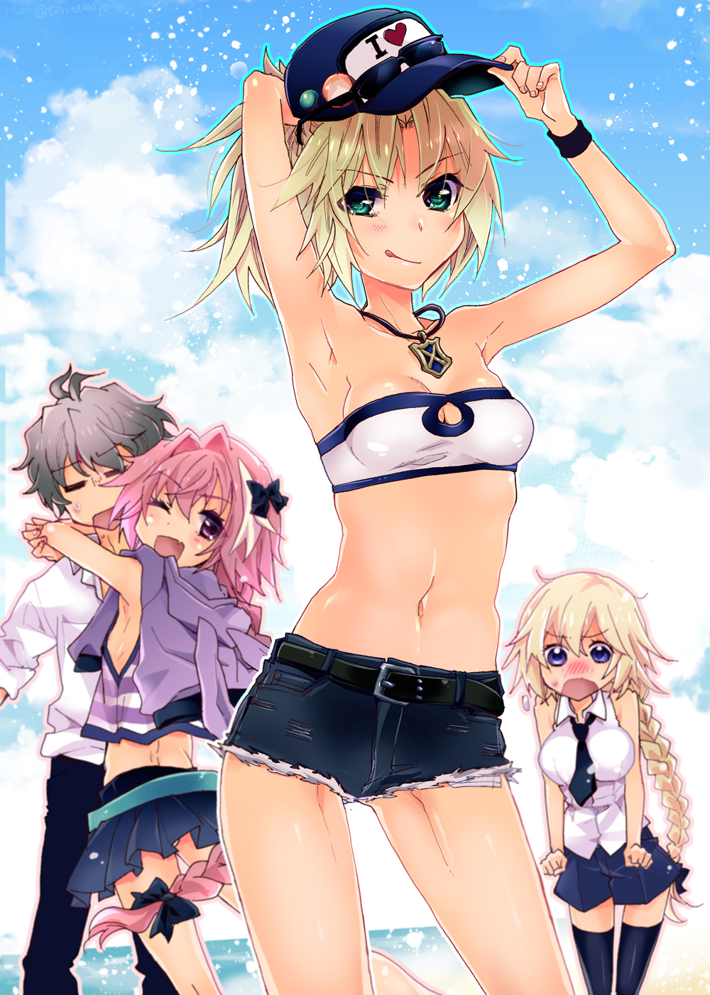 2boys, 2girls, :q, ;d, androgynous, armpits, arms_up, belt