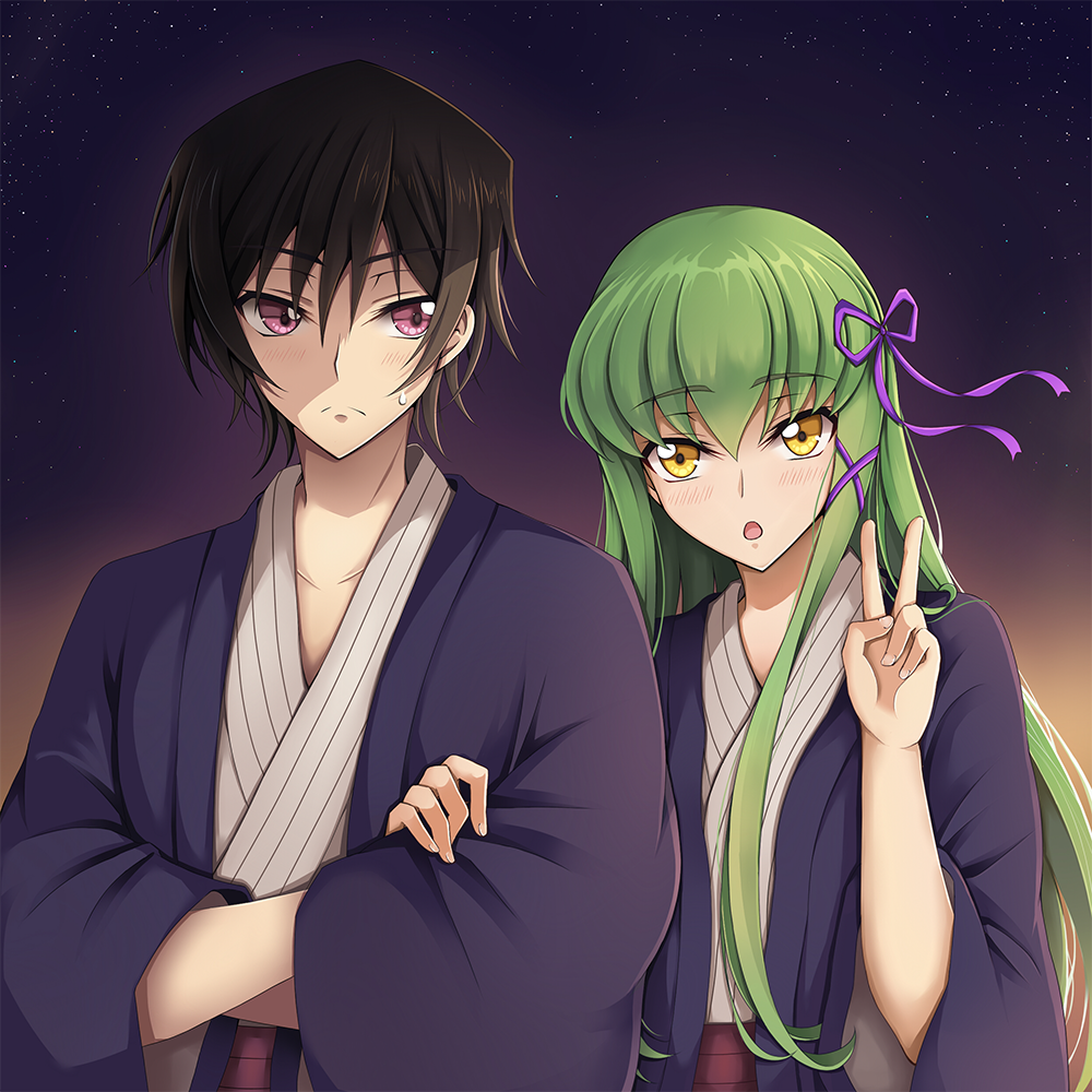 1boy, 1girl, black_hair, c.c., code_geass, collarbone, crossed_arms, eyebrows_visible_through_hair