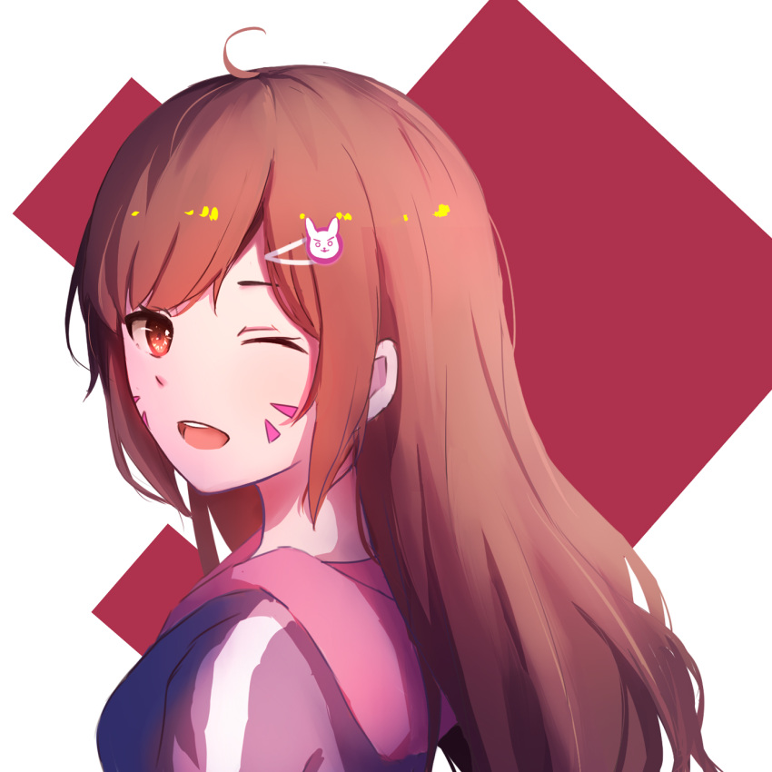 1girl, ;d, ahoge, brown_hair, bunny_hair_ornament, d.va_(overwatch), facial_mark, hair_ornament